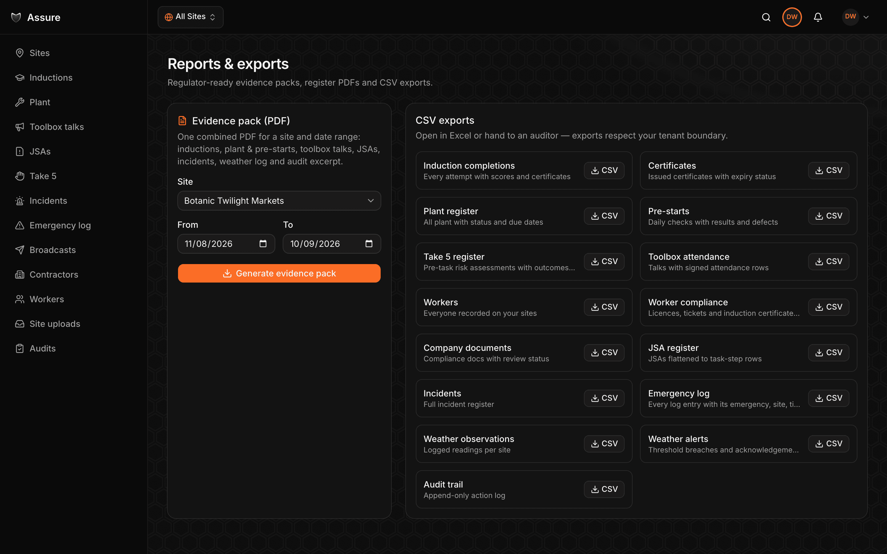The evidence pack builder with a date range and module checklist