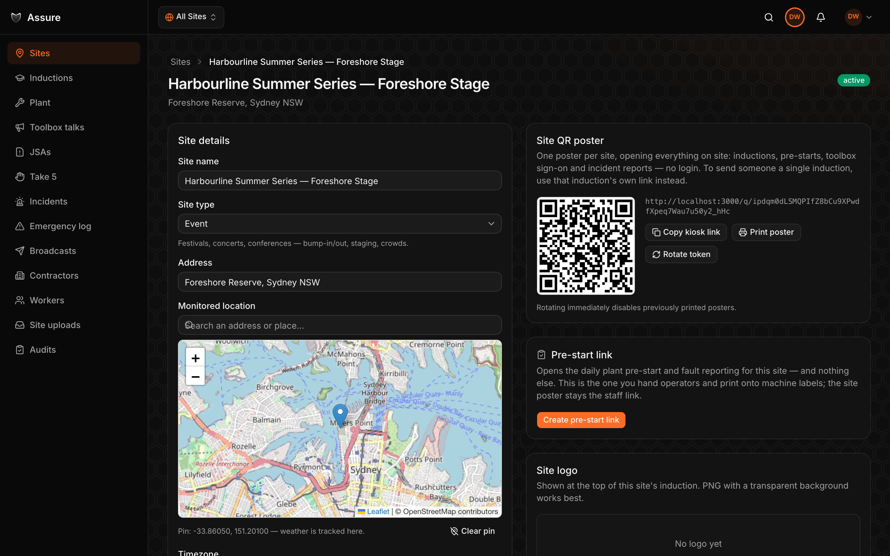 A site detail page with a map, QR poster panel and weather forecast
